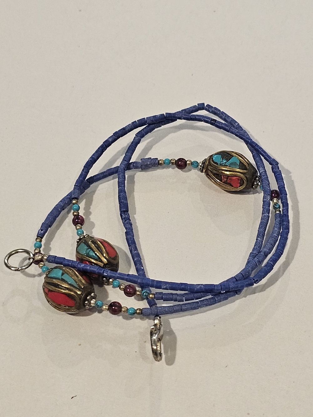 Vintage Tibetan Tribal Necklace – Handmade Inlaid Turquoise & Coral Brass Mosaic